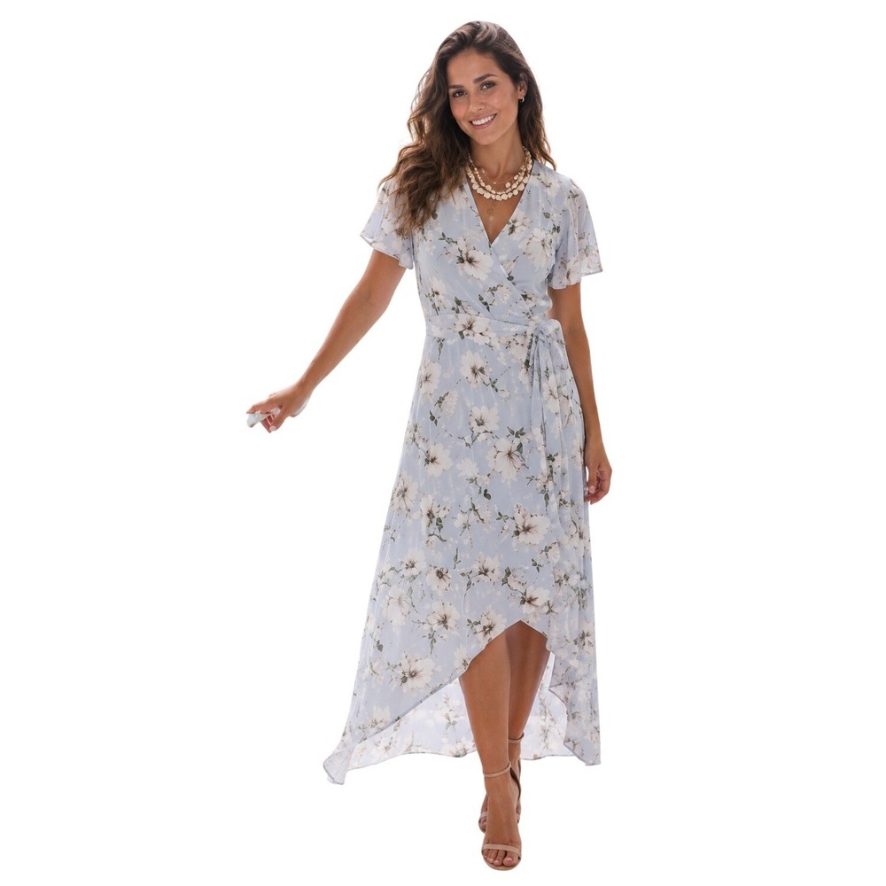 Saved By The Dress Floral Wrap Dress Womens Medium Blue Boho High Low Summer